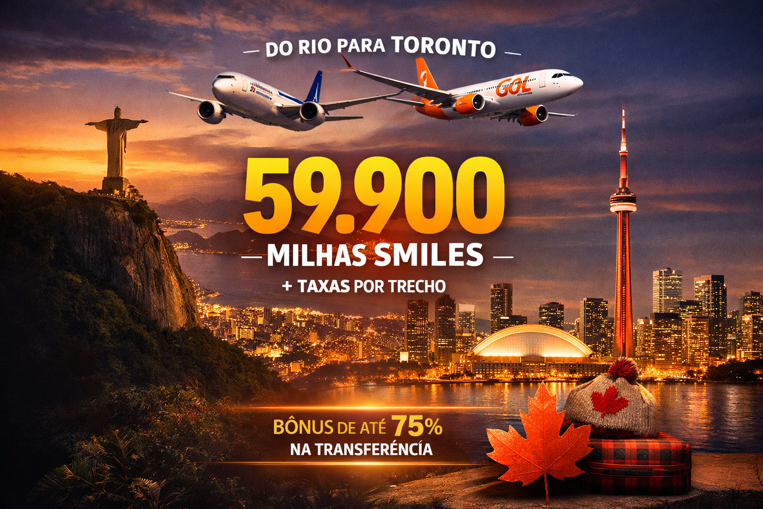 Passagens para Toronto saem por 59,9 mil milhas Smiles + taxas por trecho saindo do Rio